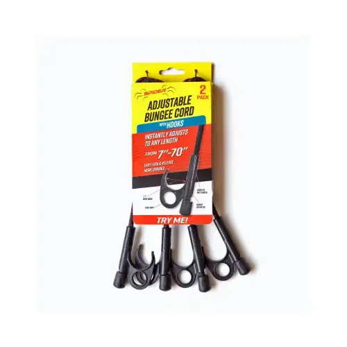 Heavy-Duty Bungee Cords, 2 Hooks, Stretches Up to 70-In Pair Black