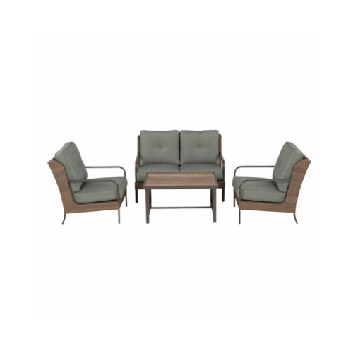 PATIO MASTER CORP S4-AGW09200 Calabria 4-Pc. Wicker Chat Set, Beige/Gray Wicker Over Aluminum, Green Cushions