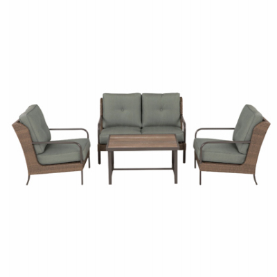 PATIO MASTER CORP S4-AGW09200 Calabria 4-Pc. Wicker Chat Set, Beige/Gray Wicker Over Aluminum, Green Cushions