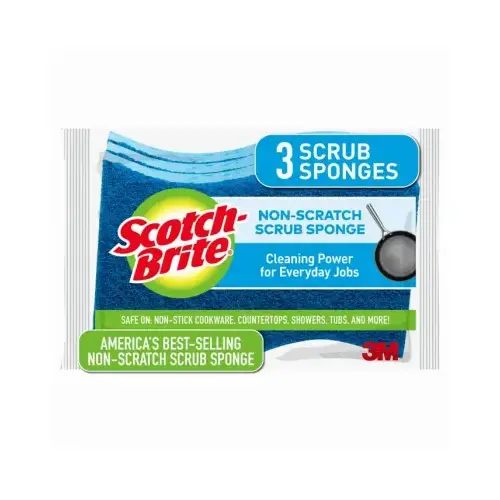 Scrub Sponge, 4.4 in L, 2.6 in W, 0.8 in Thick, Cellulose, Blue - pack of 3