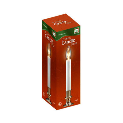 Christmas Candle, Electric, Clear Flame, White/Brass, 9-In.