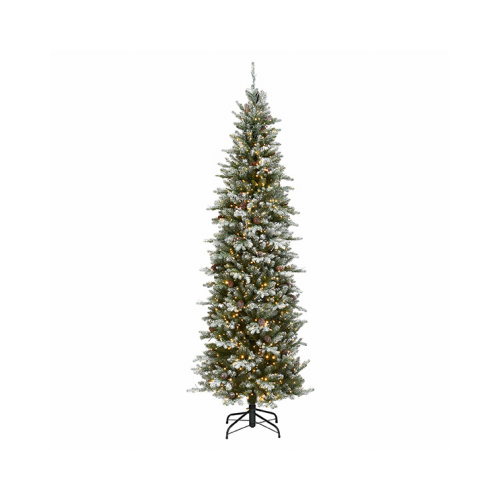 NATIONAL TREE CO-IMPORT PEMG3-DK09-75 Feel Real Artificial Pre-Lit Christmas Tree, Snowy Morgan Spruce Pencil, Hinged, 1,000 Dual LED Lights, 7.5-Ft.