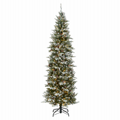 NATIONAL TREE CO-IMPORT PEMG3-DK09-75 Feel Real Artificial Pre-Lit Christmas Tree, Snowy Morgan Spruce Pencil, Hinged, 1,000 Dual LED Lights, 7.5-Ft.