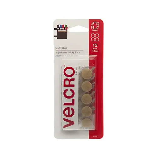 VELCRO Brand 90071 Fastener, 5/8 in W, Nylon, Beige, Rubber Adhesive - pack of 15