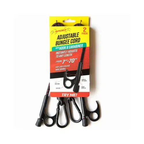 Heavy-Duty Bungee Cords, Carabiner and Hook, Stretches Up to 70-In Pair Black