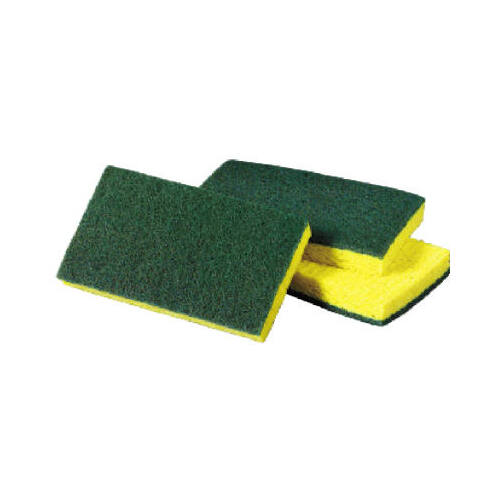 Scrub Sponge, 6.1 in L, 3.6 in W, 0.7 in Thick, Cellulose/Fiber/Mineral/Resin, Green/Yellow