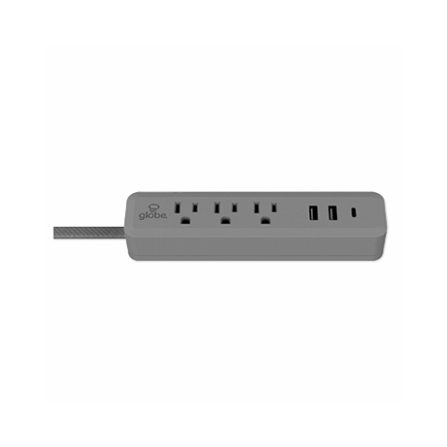 Globe Electric 78551 Cord Power Strip, 3-Outlet, USB-A & USB-C, Grey