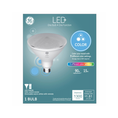 GE Lighting 93128353 LED+ Light Bulb, ColorChanging & Dimmable Remote, PAR38, 1300 Lumens, 9Watts