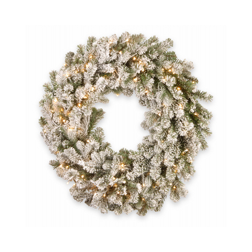 NATIONAL TREE CO-IMPORT PESL3-307-24W-B Feel Real Snowy Sheffield Spruce Artificial Wreath, 50 Warm White LED Lights, 24-Ft.