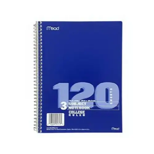 3-Subject Spiral Notebook, 10.5 x 8 In., 120 Sheets