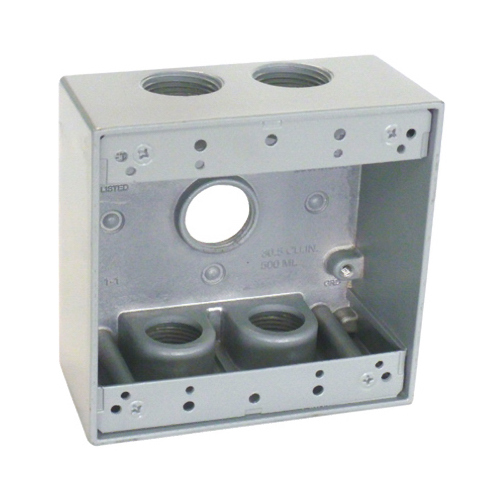 2 Gang Outlet Box, Gray, Weatherproof, Five 0.75-In. Holes