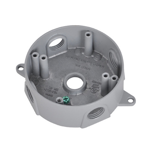 Round Outlet Box, Silver Gray, Weatherproof, Five 0.5-In. Holes