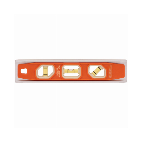 Glo-View Series Torpedo Level, 9 in L, 3-Vial, 1-Hang Hole, Magnetic, Aluminum/Plastic, Orange