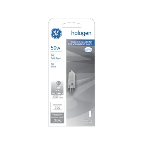 Halon Bulb, 50 W, G8 Bi-Pin Lamp Base, T4 Lamp, 700 Lumens, 2750 K Color Temp, 1300 hr Avera Life