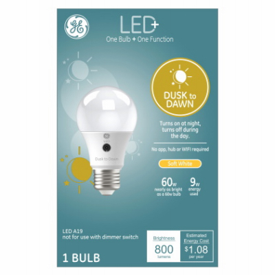 GE Lighting 93128970 LED Light Bulb, Dusk to Dawn Soft White, A19, Outdoor Use, 9-Watts