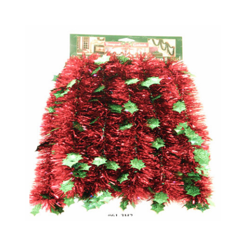 F C Young 61-3H2-XCP12 Holographic Green Holly Leaves with Red Center Garland, 4-1/2-In. x 10-Ft. - pack of 12