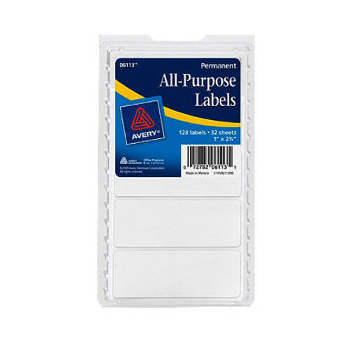 Avery 06113 All-Purpose Labels, White, Rectangle, 1 x 2.75 In., 128-Ct.