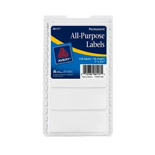 Avery 06113 All-Purpose Labels, White, Rectangle, 1 x 2.75 In., 128-Ct.