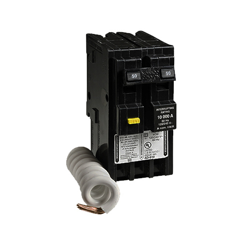 Homeline Circuit Breaker, GFCI, Mini, 50 A, 2 -Pole, 120/240 V, Fixed Trip, Plug Mounting Black