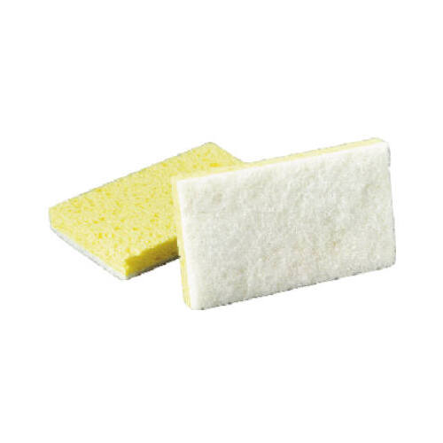 Scrub Sponge, 6.1 in L, 3.6 in W, 0.7 in Thick, Cellulose/Fiber/Mineral/Resin, White/Yellow - pack of 20