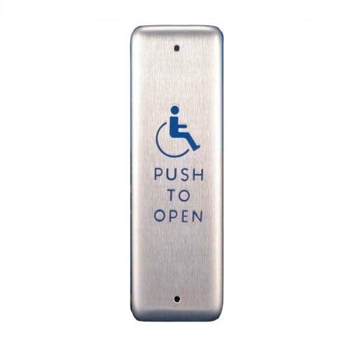 BEA 10PBJ1 Stainless steel push plate, 1.5 In. by 4.75 In., in jamb plate, blue hadicap logo and text