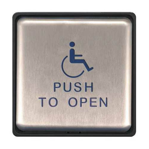 Stainless steel push plate, 6 In. square, blue handicap logo and text