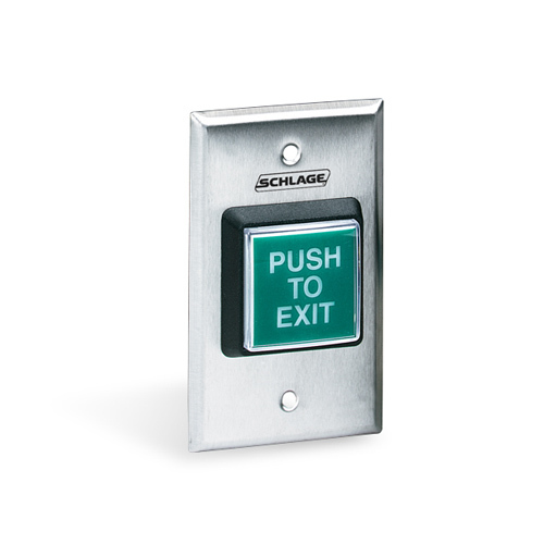 Schlage 709GR EX ILL SPDT Momentary Green Push Button with Illuminated " Push to Exit " Satin Stainless Steel Finish