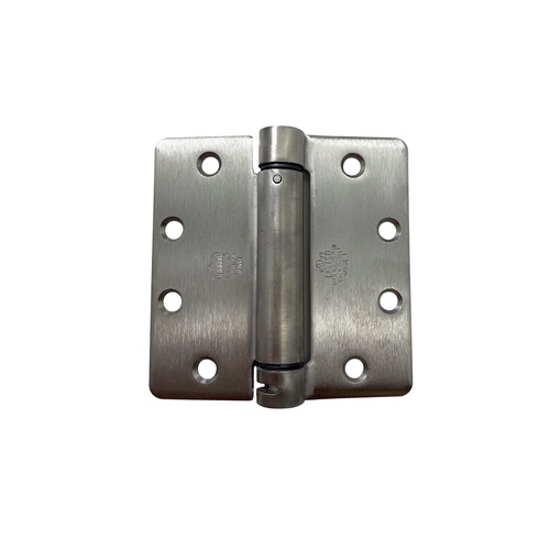 Lubricated Bearing Single Acting Spring Hinge, Commercial Grade Stainless Steel Template Hole Pattern 1/4 In. Radius, 4-1/2 In. by 4-1/2 In. Satin Stainless Steel