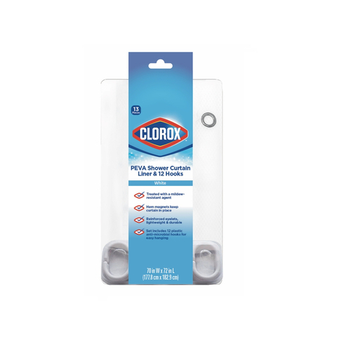 CLOROX MSI008333 Shower Curtain W/Hooks 70" H X 72" W White PEVA White