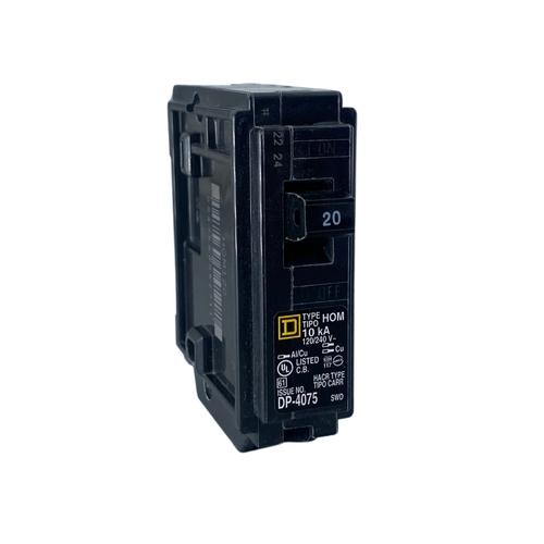 Square D HOM120CP Homeline Circuit Breaker, Mini, 20 A, 1 -Pole, 120 V, Fixed Trip, Plug Mounting, Black