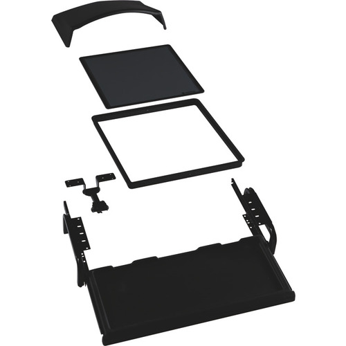 Hafele 639.90.396 Monitor Suspension System, for Flat Screen Monitors Keyboard tray width: (28") 711 mm (28") 711 mm keyboard tray width Glare shield, trim grommet: Black, Epoxy, powder-coated Glass: Tinted and tempered