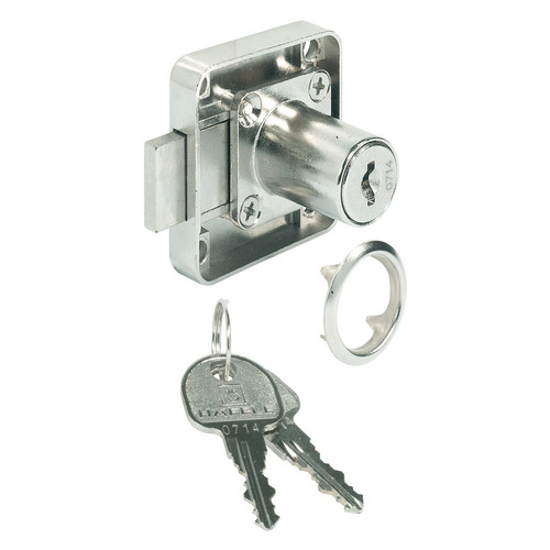 Hafele 232.27.720 Dead Bolt Rim Lock, with Fixed Plate Cylinder Standard Profile, Mounting: Drawer Housing: matt nickel plated, Brass-plated