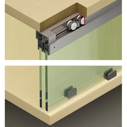 Sliding Door Hardware, Hawa Clipo 16 GPK IF, set with top glass retaining profile and visible bottom guide with zero clearance For 2 Doors, GPK - glass fixing profile is not required on the bottom of the door Plastic Rollers: Plastic