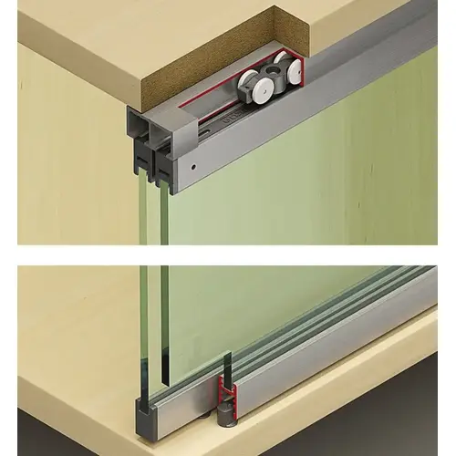 Sliding Door Hardware, Hawa Clipo 16 GPK IF, set with top and bottom glass retaining profile and concealed bottom guide with zero clearance For 2 Doors, GPPK - Includes top and bottom glass fixing profile Plastic Rollers: Plastic