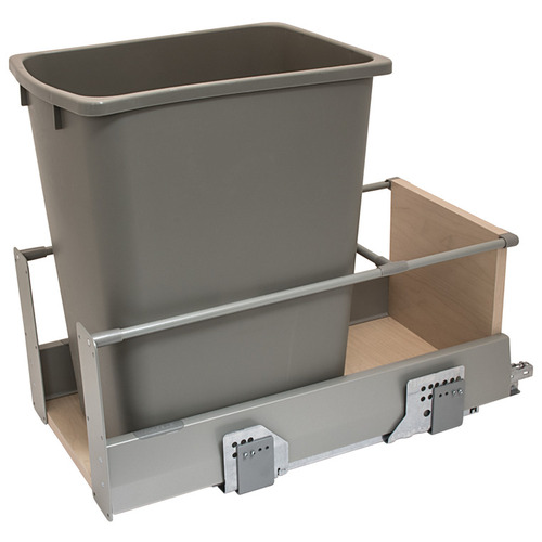 Waste Bin Pull-Out, Hafele Matrix, Single 34 l 36 qt Min. 19 1/4" Frame: champagne, bottom and back: maple melamine, bin: champagne, 36 qt Frame: Steel Bottom & back: Particle board Bin: Plastic