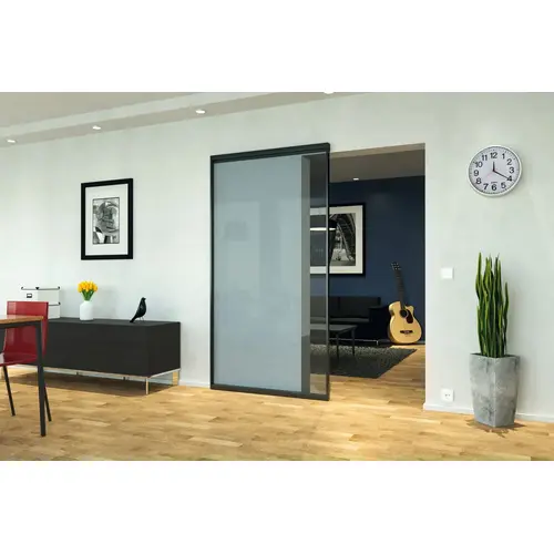 Sliding door fitting, Slido D-Line43 80N, frame door for glass and wooden panel 1,500 mm Set with aluminium frame and running track for 1 door leaf, Black anodized, door width: 1,500 mm