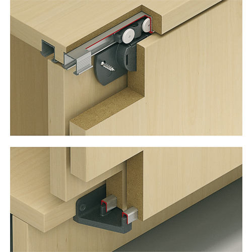 Sliding Door Hardware, Hawa Clipo 16 H Mixslide, set For thin cabinet tops, for wooden sliding doors, for door weights up to 16 kg, for door heights up to 1,400 mm, for 2 doors Housing: Plastic Laufwerk: Plastic Guide: Plastic Rollers: Plastic Axis: Steel