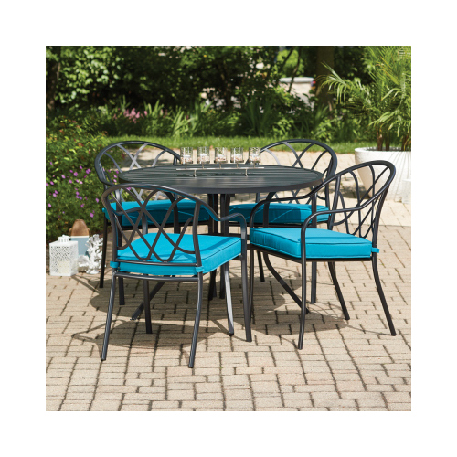Four Seasons Courtyard IP-20S049B Clearwater 5-Pc. Patio Dining Set, 4 Stacking Chairs, Slat Top Table, Black Steel, Teal Fabric