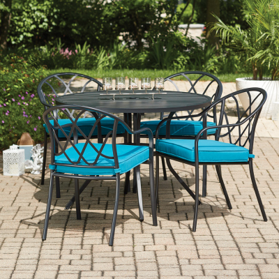 Four Seasons Courtyard IP-20S049B Clearwater 5-Pc. Patio Dining Set, 4 Stacking Chairs, Slat Top Table, Black Steel, Teal Fabric