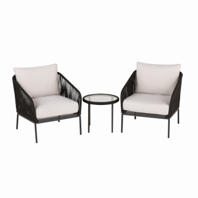 Four Seasons Courtyard IP-20S105W Carrabelle 3-Pc. Chat Set, 2 Chairs + Side Table, Black Steel Frame