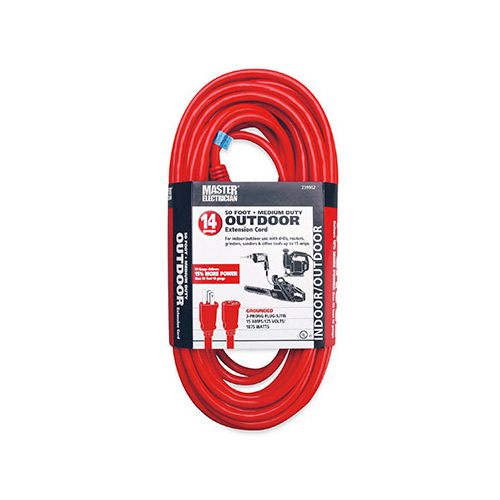 Extension Cord, 14/3 SJTW Red Round Vinyl, 50-Ft.