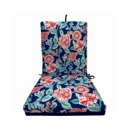 J&J GLOBAL LLC 254005 Patio Premiere Seating Cushion, Blue Floral Reverses to Solid, 44 x 21 x 4-In.