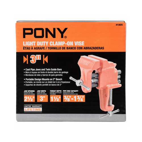 Pony 13025 Light-Duty Vise, 2-1/2 in Jaw Opening, 3 in W Jaw, 1-1/2 in D Throat, Cast Iron, Clamp-On Jaw Orange