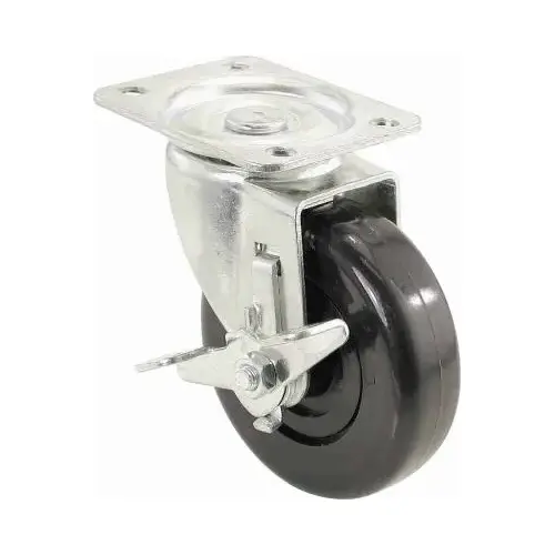 Swivel Plate Caster, Side Brake, Polypropylene Wheel, 4-In.