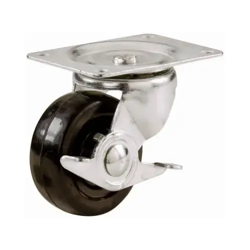 Rubber Wheel, Swivel Plate Caster, Side Brake, 2-1/2-In.