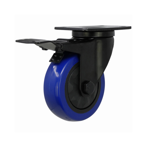 Swivel Caster with Brake, 4 in Dia Wheel, TPU Wheel, Black/Blue, 300 lb