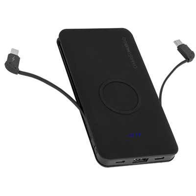 LIMITLESS INNOVATIONS, INC. CRG-WPB-C-001 ChargeHubGO+ Power Bank with Wireless Charging Pad, USB Charging Port, and 2 Built-in Cables