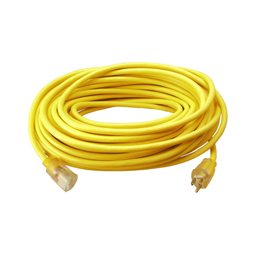 Extension Cord, 12/3 SJTW-A, Yellow Round Vinyl, Lighted End, 100-Ft.