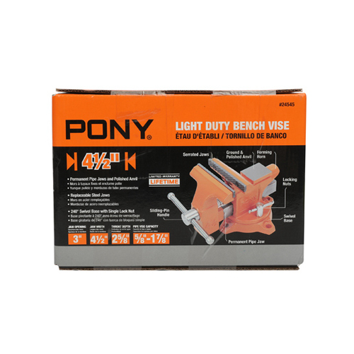 Pony 24545 Bench Vise, 3 in Jaw Opening, 4-1/2 in W Jaw, 2-5/8 in D Throat, Cast Iron, Pipe Jaw Orange