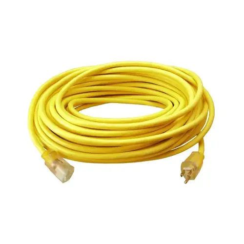 Extension Cord, 12/3, SJTW, Yellow Round Vinyl, Lighted End, 25-Ft.